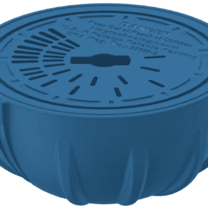 A Flippin’ FROG Pool Sanitizer Replacement Chlorine Cartridge for use with The Flippin’ FROG Pool Sanitizer System for Pools 2,000 – 5,000 gallons, All-in-One Sanitizing System blue plastic container with a hole in it.